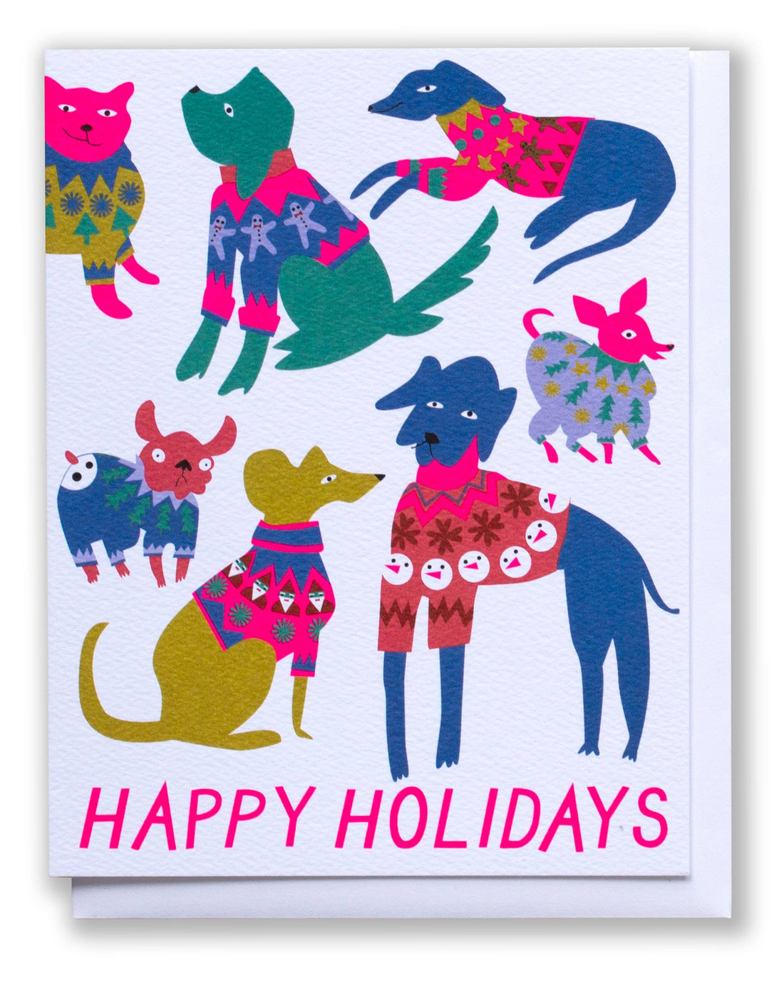 Colorful holiday card with dogs wearing sweaters and bright pink &