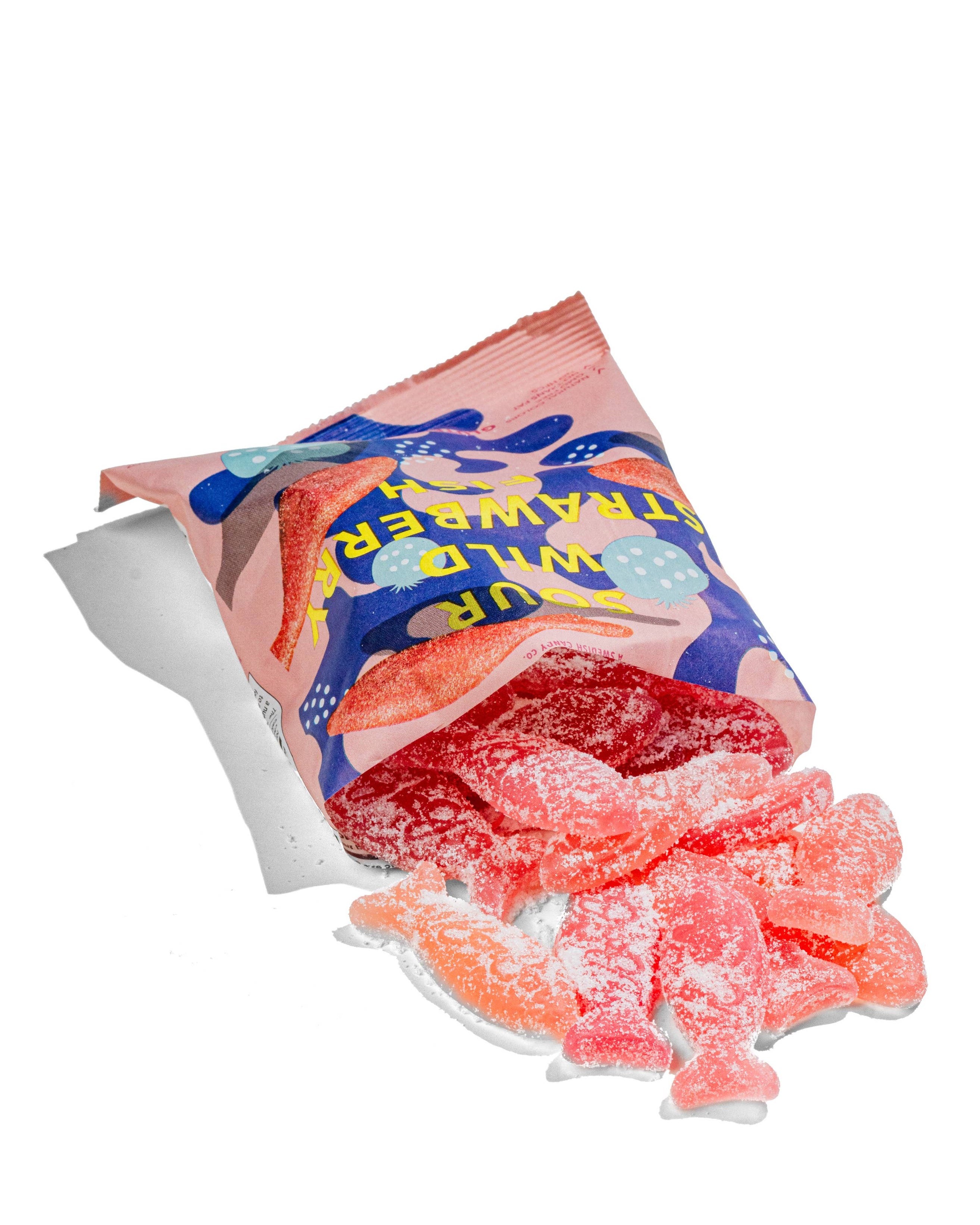 Open bag of gummy fish with visible branding on a white background